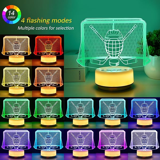Ice Hockey Gifts Night Light for Kids-Sports Ice Hockeys Decor Bedside Lamp for Ice Hockey Fan, 14 Color with Remote Control / Buttons + Timer + Dim Function, Birthday Holiday Gift for Boys & Girls