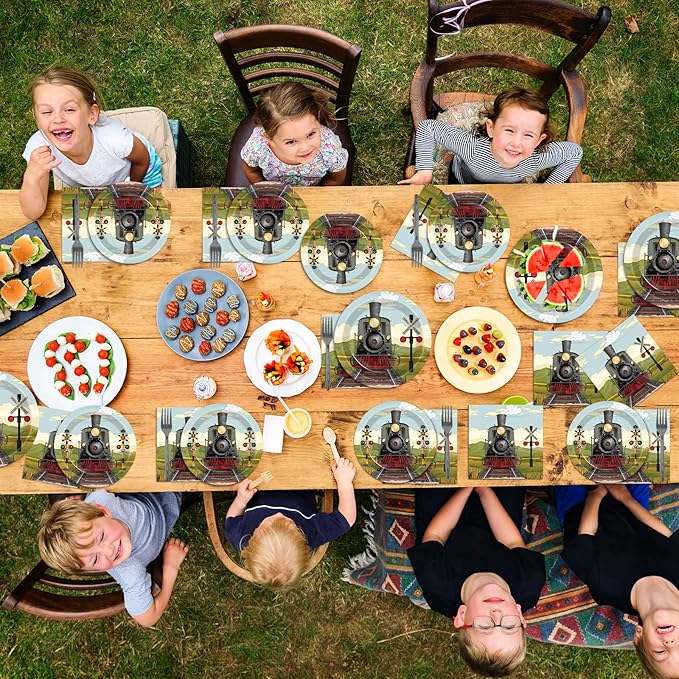 96 Pcs Train Paper Plates and Napkins Party Supplies Steam Train Birthday Disposable Tableware Set Retro Trains Transportation Party Decorations Favors for Baby Shower Dinnerware Favor Serves 24