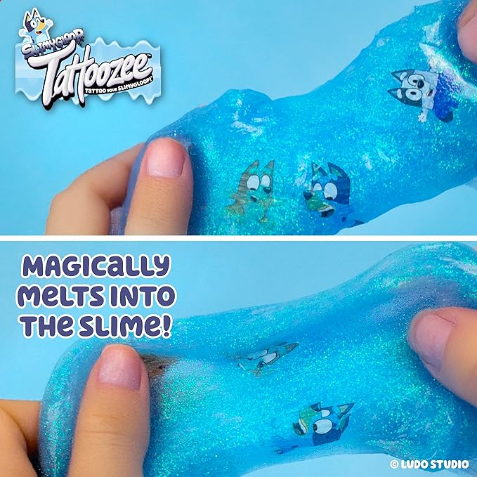 SLIMYGLOOP Tattoozee, Bluey Tattoo Transfer Slime Kit, Sensory Play for Kids Ages 6+, Cotton Candy Scented, Glitter Texture