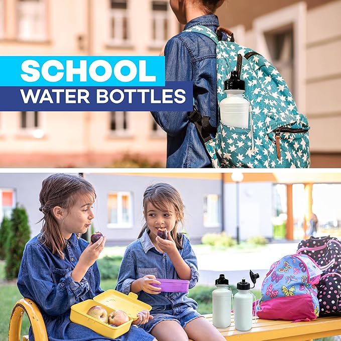 4E's Novelty Sports Water Bottles Bulk (12 Pack) 18 oz Squeeze Reusable Plastic White School Bike Water Bottle for Kids, BPA Free, Party Favor Giveaways, End of Year Student Gifts