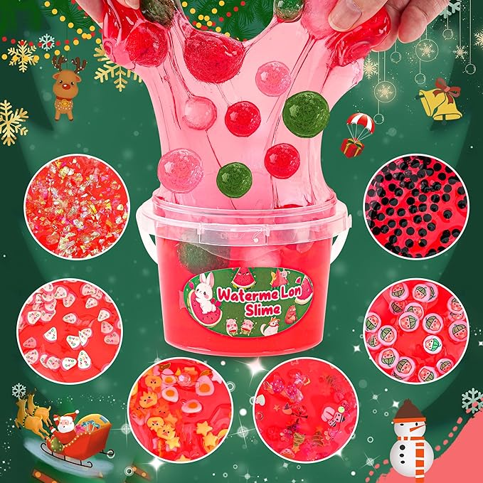 Watermelon Red Slime Kit, Clear Slime Bucket with Clay, 10 Packs of Add-ins, Slimes Party Favors for Kids, Sensory Toys Slimes Kit Birthday Easter Hallowmas for Girls & Boys Ages 8-12