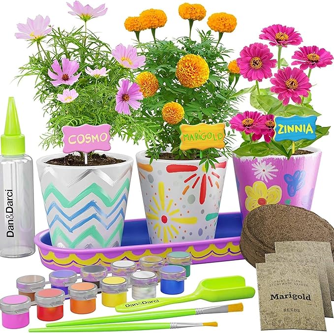 Dan&Darci Paint & Plant Stoneware Flower Gardening Kit - Gifts for Girls & Boys Ages 6-12 - Kids Arts & Crafts Project Birthday Gift, STEM Activity for Age 6, 7, 8, 9, 10, 11 & 12 Year Old Girl