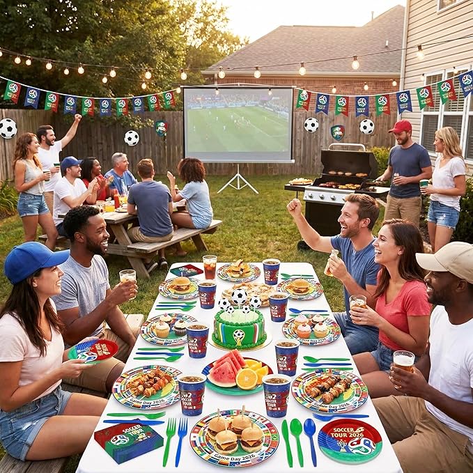 2026 Soccer Tour Disposable Party Supplies Serves 24, 168 Pieces International Flag Tableware Set with Plates Cups Napkins Cutlery, Ideal for Soccer Fans Birthday & Game Day Celebrations