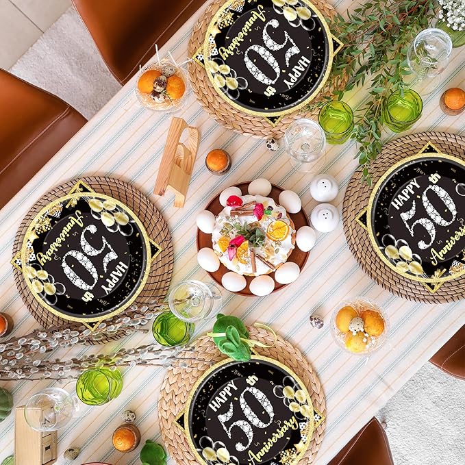 48Pcs 50th Anniversary Paper Plates Napkins Wedding Party Decorations Employee Career Retirements Party Supplies Black Gold Disposable Dinner Tableware Set for Birthday Anniversary Graduation Serve 24