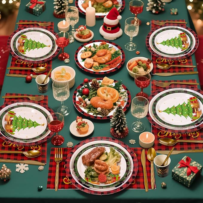 Merry Christmas Party Tableware Supplies, 168PCS Christmas Paper Plates Napkins Cups and Gold Cutlery Set, 24 Set Red Plaid Xmas Disposable Dinnerware Set for Party Decorations