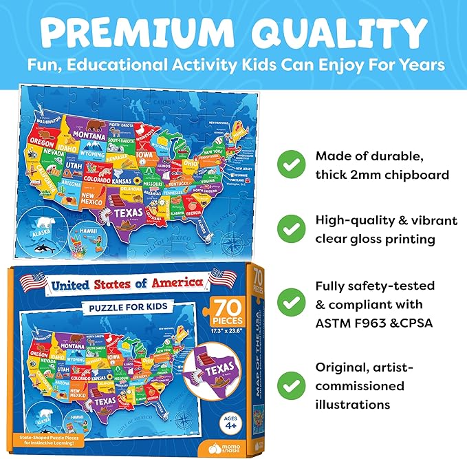 United States Puzzles for Kids Ages 4-6 - Educational Toys for Boys & Girls - 70Pcs USA Map Kids Puzzle with 50 States & Capitals - Floor Jigsaw Puzzles - Fun Learning Activities & Gifts for Children