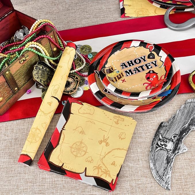 WERNNSAI Pirate Party Plates and Napkins - Pirate Birthday Party Supplies Bundles for Boys Kids Disposable Luncheon Dinner Dessert Cake Plates Napkins Tableware Set Serves 16 Guests 48 Pieces