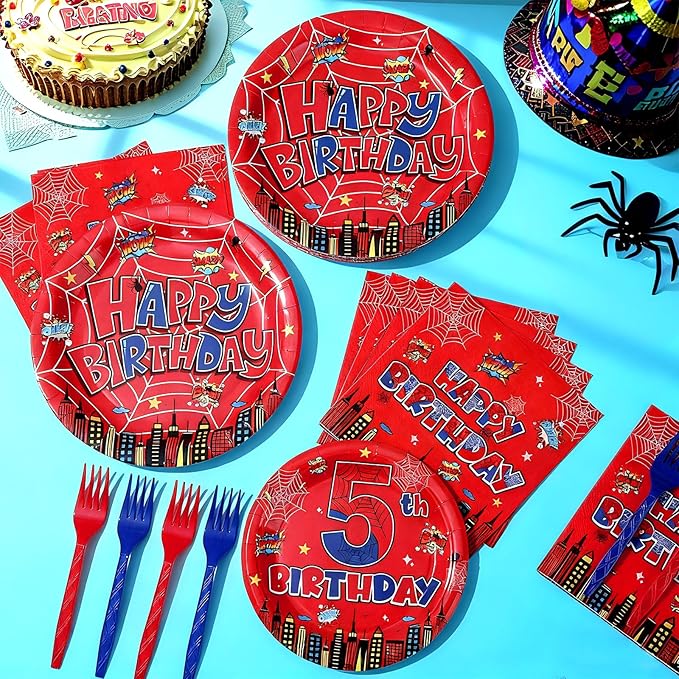 96Pcs Spider 5th Birthday Party Decorations Cartoon Spider Theme Plates Napkins Red Blue Hero Tableware set Disposable Spiderweb 5th Birthday Decoration Favors for Kids 5 Year Party Supplies Serve 24