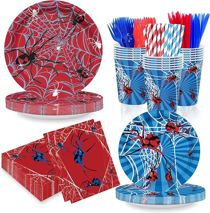168PCS Spider Birthday Party Supplies for Boys Cartoon Spider Web Themed Party Decorations Blue and Red Paper Plates Disposable for Dinner Baby Shower Tableware 24 Guests