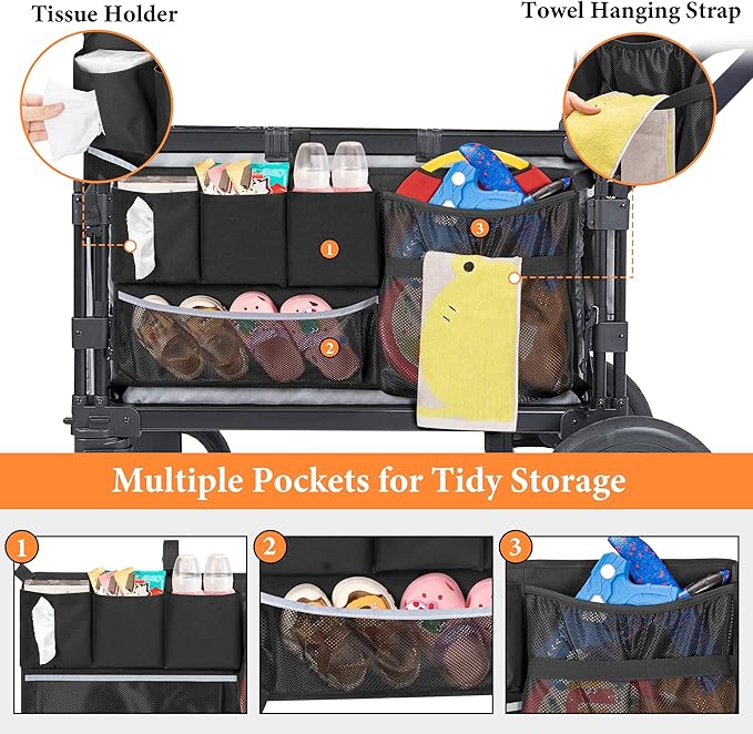 Stroller Wagon Cargo Net, Wagon Accessories Organizer Compatible with WONDERFOLD W-Series Models, Large Capacity Mesh Cargo Storage Bag with Sorting Pockets Compatible with Keenz Wagon, Black
