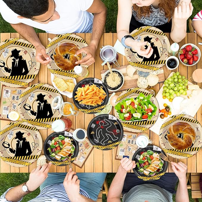 OBUSATT 96 Pcs Detective Theme Paper Plates and Napkins Top Secret Agent Spy Birthday Party Supplies Escape Room Tableware Set for Kids Boys Girls Clue Games Party Decorations Favors for Serves 24