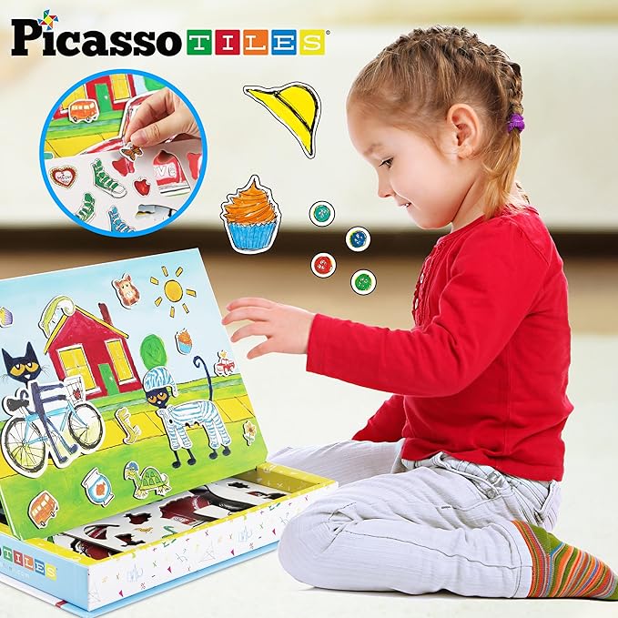 PicassoTiles Pete The Cat 80pc Magnetic Board Game Puzzle Playset Reusable Mix & Match Cartoon Toy with Storytelling, STEM Learning Activity Book and Storage Educational Kids Toys for Ages 3+ PTC02