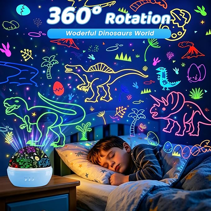 MINGKIDS Kids Night Lights for Bedroom,Project Dinosaurs and Vehicles on Wall or Ceiling,Room Lights for Baby Toddler,2 to 9 Year Old Gifts for Boys Girls