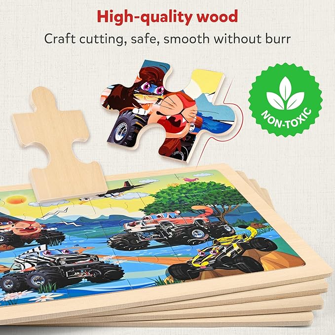 SYNARRY Large Wooden Monster Truck Puzzles for Kids Gift Box(12.2*9.4 in), 24 Piece Puzzles for Toddlers 3-5, Wood Jigsaw Puzzles for Kids Ages 4-6, Easter Basket Stuffers Gifts for Kids