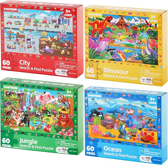 Puzzles for Kids Ages 4-6, 4 x 60 Piece Search and Find Puzzles for Kids Ages 3-5 Boys Girls, Educational Toys Gifts for 3-8 Year Old, Jungle Dinosaur Ocean City
