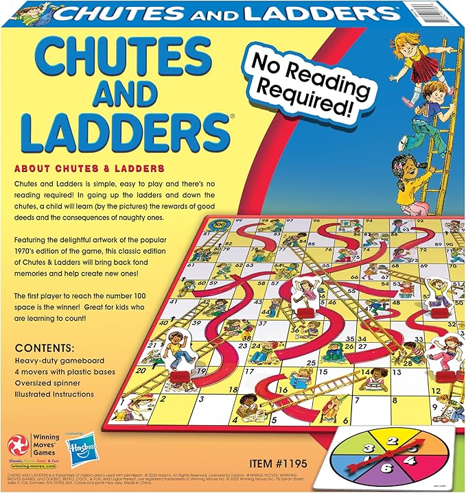 Classic Chutes and Ladders with 1970's Artwork by Winning Moves Games USA for Children Ages 3 and Up, Preschool Games for 2-4 Players (1195)