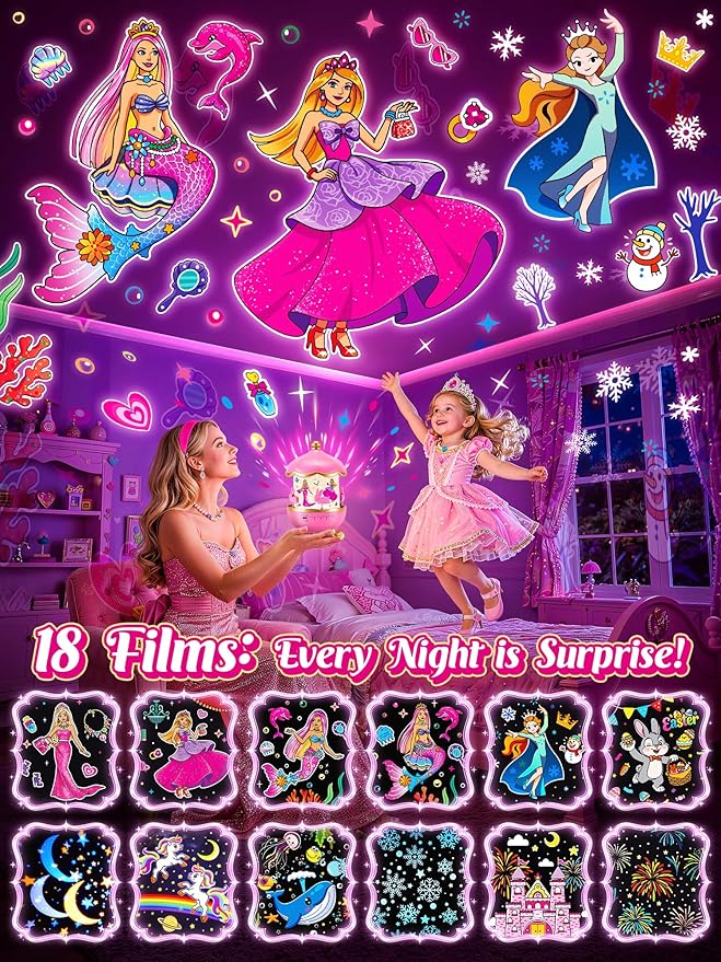 Princess Projector Toy, 【18 Films+15 White Noises】Princess Toys Sound Machine Baby, 360° Rotating Girls Night Light Birthday Gifts, Early Educational Princess Toys for Girl 4-6, Mermaid Toys for Girls