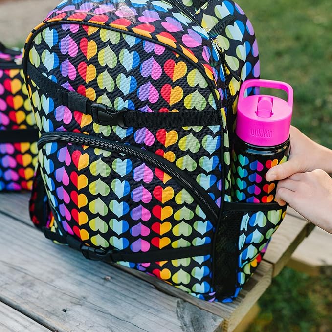 Wildkin Kids 18oz Stainless Steel Water Bottle – BPA-Free, Leakproof, Insulated, Easy-Clean - Rainbow Hearts