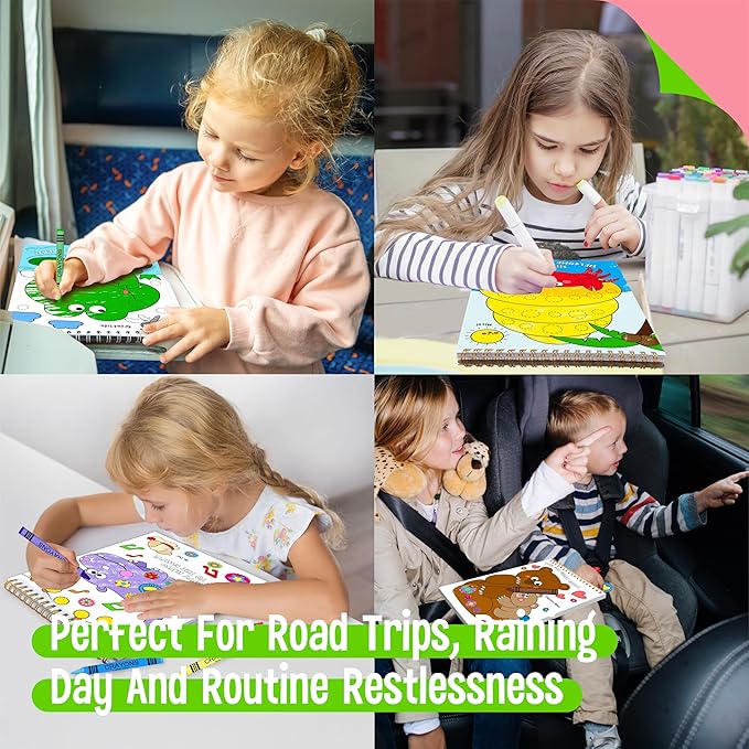 SpriteGru Road Trip Coloring Kit, 50 Coloring Pages with 940 Decorative Stickers & 12 Crayons, Mess-Free Travel Sticker Collage Activity DIY Dotty Animals Travel Art Craft Kit for Kids, Toddlers