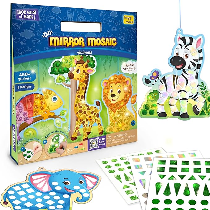 Imagimake Mirror Mosaic Animals Kids Art Set | DIY Craft Kits | Foil Stickers for Girls | Activities for Kids Ages 3-5 | Travel Art Kit for Toddler | Gift Set for Girls| 3,4,5,6,7 Year Old Boy Gifts