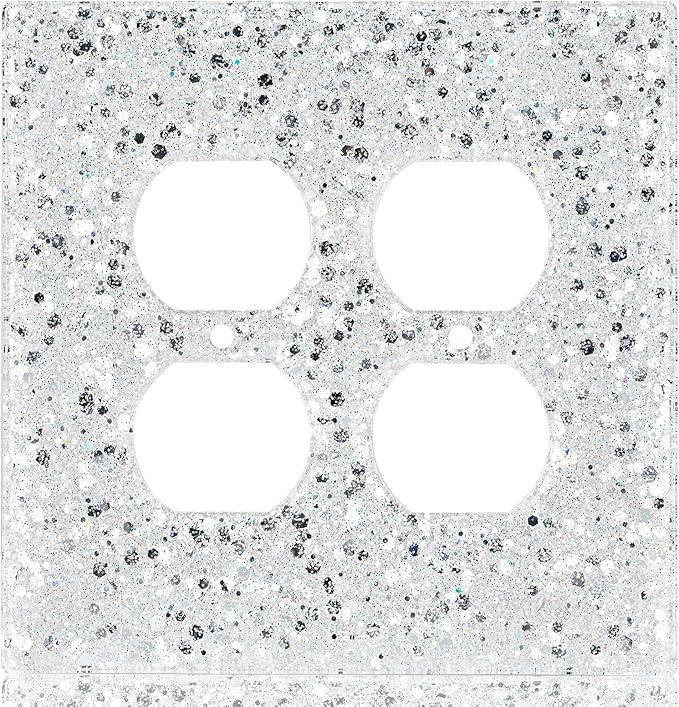 Shiny Silver Double Duplex Outlet Cover Plate,Glitter Never Peel Off,2-Gang 5.1''x5.1'',Bling Decor for Girls Room