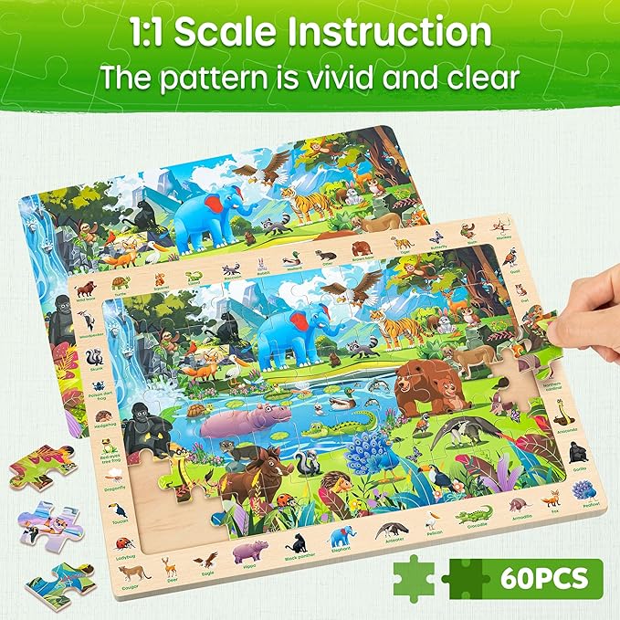 SYNARRY Wooden Puzzles for Kids Ages 4-6, 4 x 60 Piece Match & Find Puzzles for Kids Ages 3-5 Boy Girl, Educational Easter Gifts for 4-8 Year Olds, Learning Jungle Savannah Polar Animals & City Life