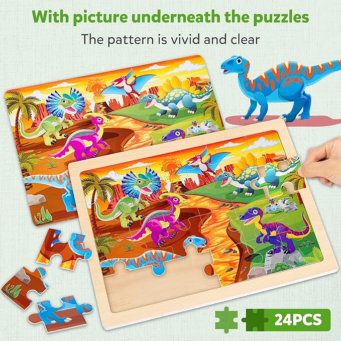 SYNARRY Large Wooden Dinosaur Puzzles for Toddlers 3-5, Wood Puzzles for Kids Ages 4-6, Dinosaur Toys for Kids 3-5, Preschool Educational Learning Toys, Easter Basket Stuffers for Boys Girls