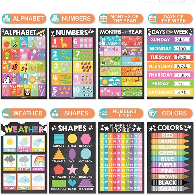 Hadley Designs 16 Educational Posters for Toddler Learning Activities - Alphabet Daycare Essentials, Laminated Pre-K Posters for Toddlers 1-3, Preschool Learning Activities, Chalkboard Classroom Decor