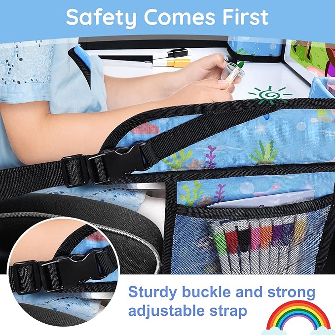 Kids Travel Tray for Car Seat, Road Trip Essentials for Toddler, Carseat Lap Tray with Dry Erase Board & Storage Organizer for Activities, Bluish Violet