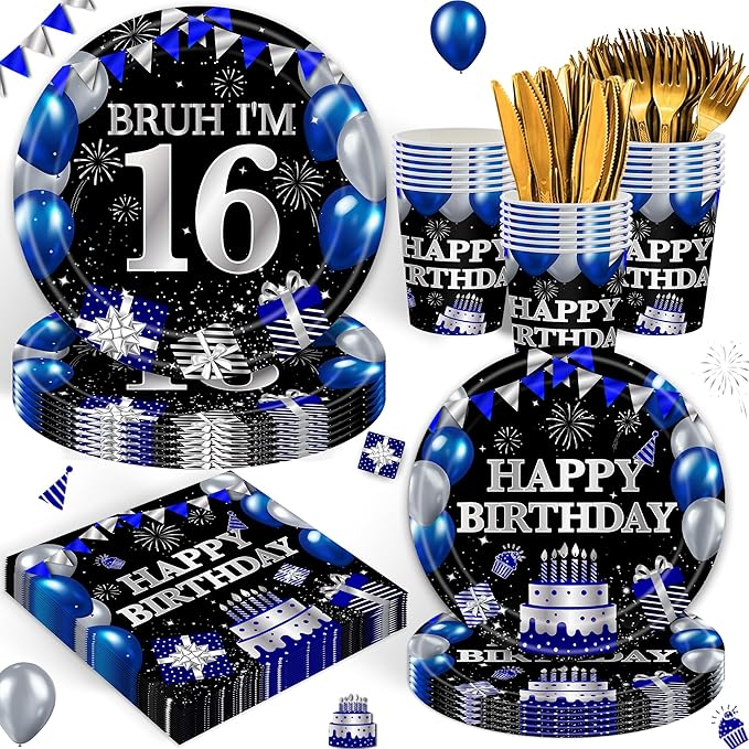 120PCS 16th Birthday Decorations for Boys 16 Years Old Birthday Decorations Sweet 16 Plates Napkins Tablecloth for Boys Girls 16th Birthday Party Supplies