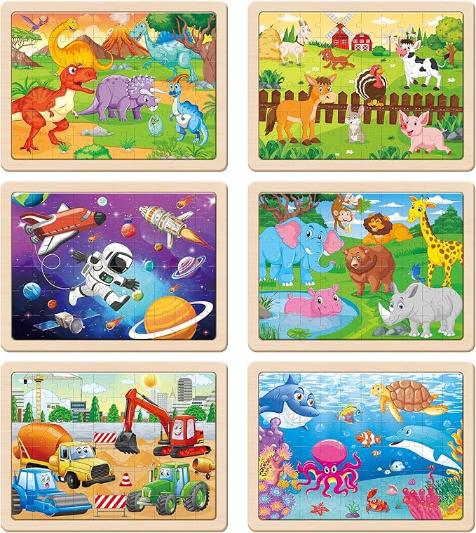 SYNARRY Wooden Puzzles for Kids Ages 4-6, 6 Packs 60 PCs Jigsaw Puzzles Preschool Educational Toys for Children Ages 4-8, Puzzles for Kids Ages 6-8 Boys Girls, Easter Basket Stuffers for Kids