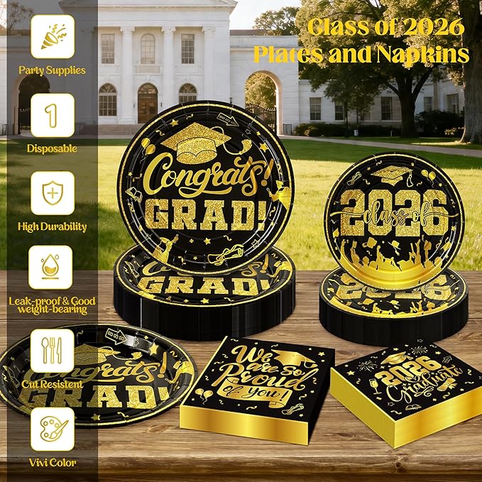 144Pcs 2026 Graduation Plates and Napkins for 48 Guests, Black and Gold Congrats Grad Party Supplies, Class of 2026 Disposable Paper Plates Napkins Forks for Graduation Party Decorations
