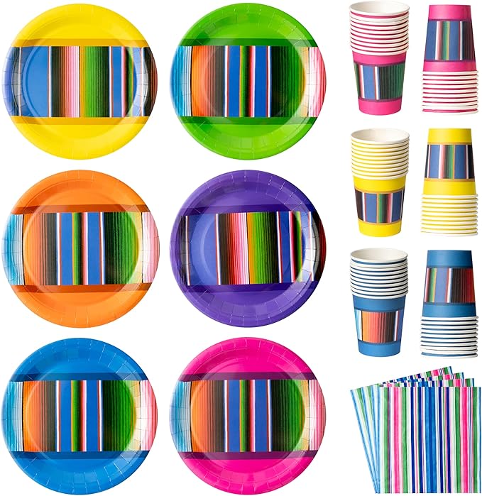 K1tpde Mexico Party Tableware Set - 90PCS Taco Nights Themed Paper Plate Set for Kids Colorful Striped Mexican Birthday Disposable Dinnerware Paper Napkins Forks for Carnival & Fiesta Party Supplies