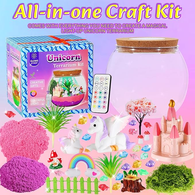 Hannstar Unicorn Terrarium Crafts Kit for Kids-LED Night Light Unicorn Birthday Gifts for Girls Ages 4 5 6 7 8-12 Year Old-Unicorn Toys for Girls - DIY Arts and Crafts Kit for Kids