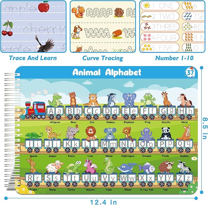 Handwriting Practice Tracing Books for Kids Ages 3-5, Montessori Preschool Learning Activity, Autism Educational Learn Number Letters Shapes Animal & Sight Words Workbook with 8 Dry Erase Markers