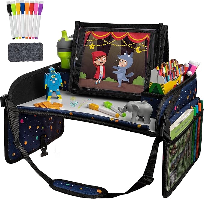 Lusso Gear Car Seat Activity Tray - Dry-Erase Top & Toddler Travel Essential - Mesh Pockets & Car Back Seat Organizer - Cup Holder & Road Trip Essentials for Kids - 600D Oxford Material
