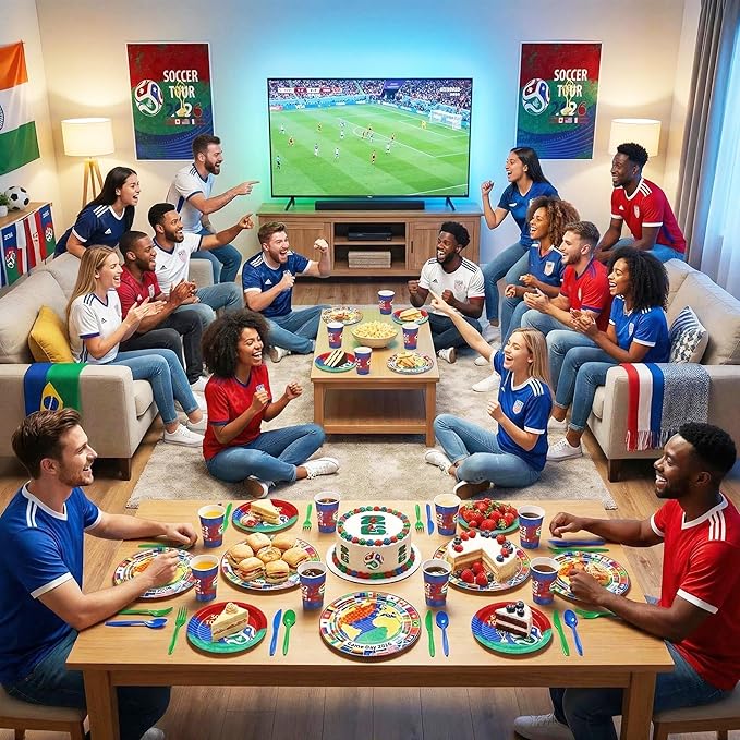 2026 Soccer Tour Disposable Party Supplies Serves 24, 168 Pieces International Flag Tableware Set with Plates Cups Napkins Cutlery, Ideal for Soccer Fans Birthday & Game Day Celebrations