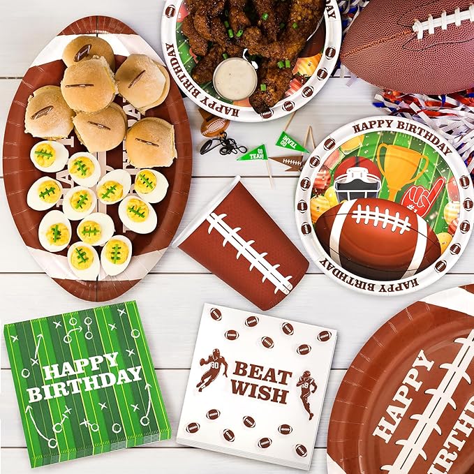 Football Birthday Party Decoration,177PCS Football Disposable Tableware Party Supplies,Set of 24 Football Paper Plates Napkins Cups Forks Straws,Banner Touchdown Tablecloth for Gameday Tailgate Decor
