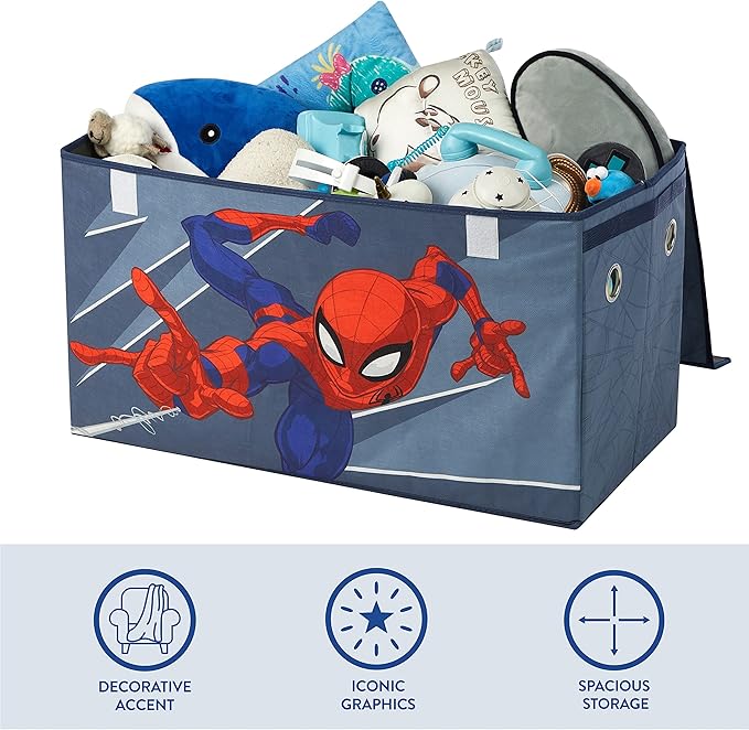 Marvel Spiderman Toy Storage Trunk for Kids,Collapsible Organizer with Soft Lid, Durable Fabric, 28.5x14.5x16, Blue Chest for Bedroom & Playroom