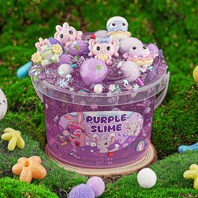 Purple Slime Kit, Clear Slime Bucket, Slimes Party Favors for Kids, Crunchy Slimes Includes 10 Packs of Add-ins, Sensory Toys Birthday Easter Hallowmas for Girls & Boys Gift