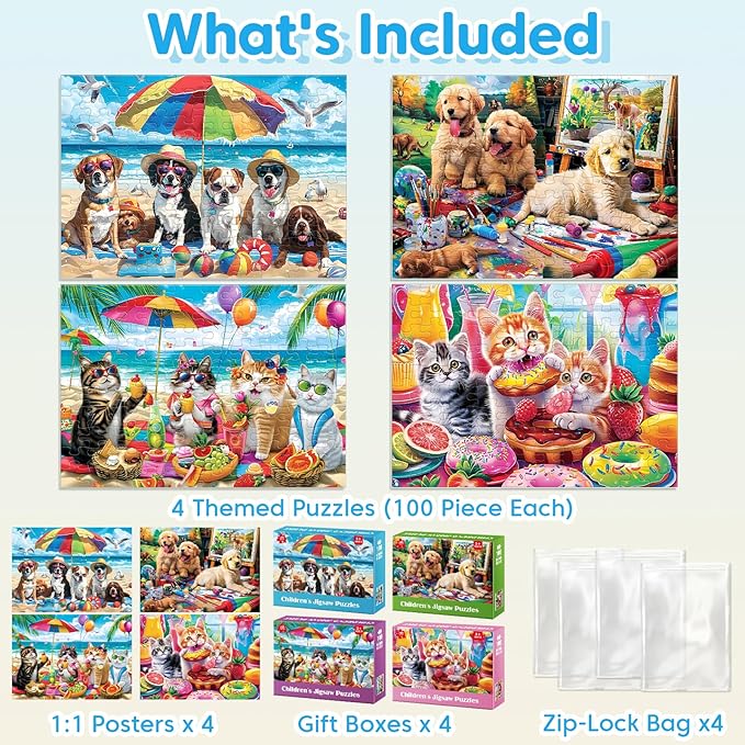 Jeacirio 4-Pack 100 Piece Puzzles for Kids Ages 4-6 - Cats & Dogs Puzzles for Kids Ages 6-8 Kid Puzzle Educational Search & Find Toy Preschool Large Piece Puzzle for Adults Seniors