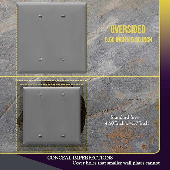 ENERLITES Double Blank Outlet Cover, Gloss Finish, Two Gang Blank Wall Plate, Oversized 2-Gang 5.5" x 5.5", Unbreakable Polycarbonate Thermoplastic, UL Listed, 8802O-GY, Gray