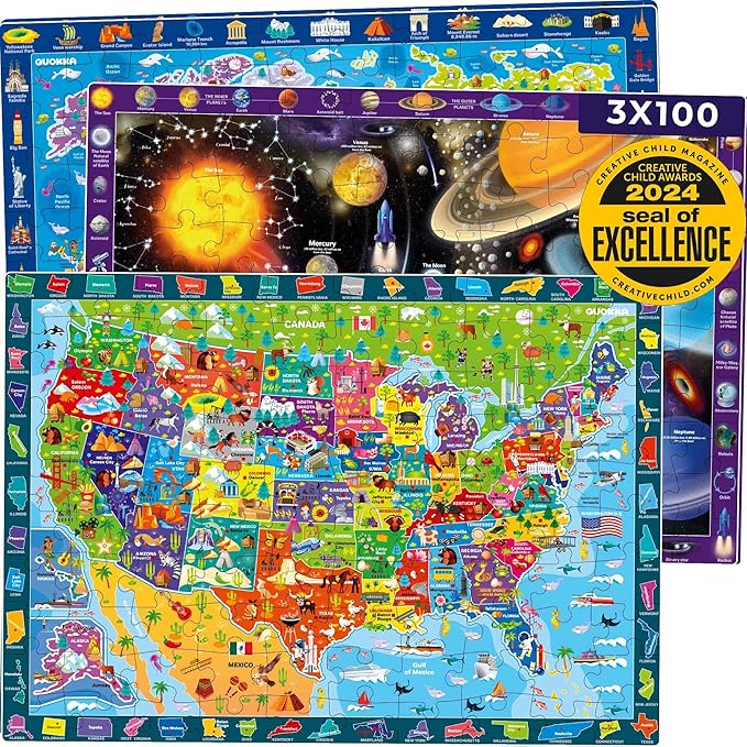 QUOKKA 100 Piece Puzzles for Kids Ages 4-6 - 3 Jigsaw Kids Puzzles Ages 6-8 - Learning Map of the United States World Space - Toddler Educational Games for 5-8 Year - Toys for 8-10-12 Year Old
