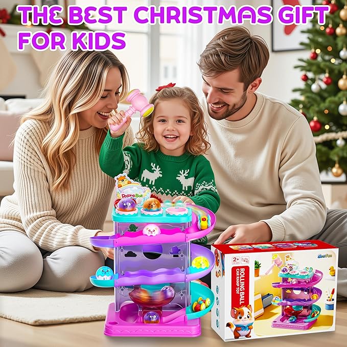 2-in-1 Rolling Ball & Car Ramp Race Track for Toddlers, Hammer Ball Drop Toy for Boys & Girls, Interactive Playset w/Sensor Lights - Montessori STEM Learning Toys for Kids 1-5+ Year Old