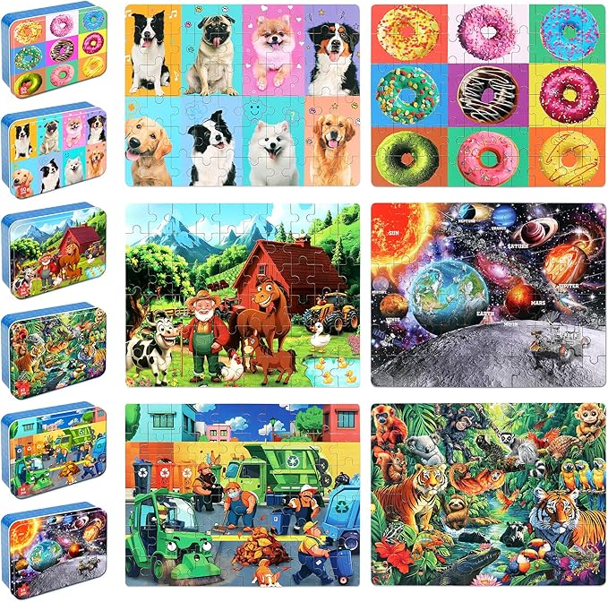 LELEMON Puzzles for Kids Ages 4-6,6 Pack 60 Piece Puzzles for Kids Ages 4-8 in a Metal Box,Educational Jigsaw Puzzles Puzzle Games Puzzle Toys for Girls and Boys