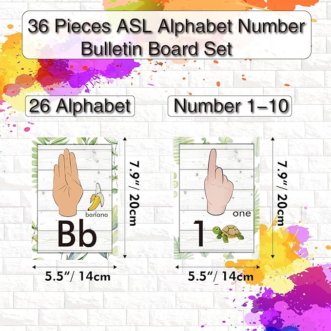 YIYDONG 36 Pieces ASL Alphabet Line Bulletin Board Set ABC Number Sign Language Flash Cards Wall Decorations for Pre-School Kindergarten Elementary Classroom Nursery Homeschool (Farmhouse)