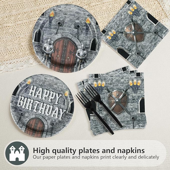 Grencian 96Pcs Medieval Castle Party Supplies Castle Birthday Plates and Napkins Disposable Medieval Knight Tableware Set for Kids Birthday Baby Shower Halloween Decorations Serves 24
