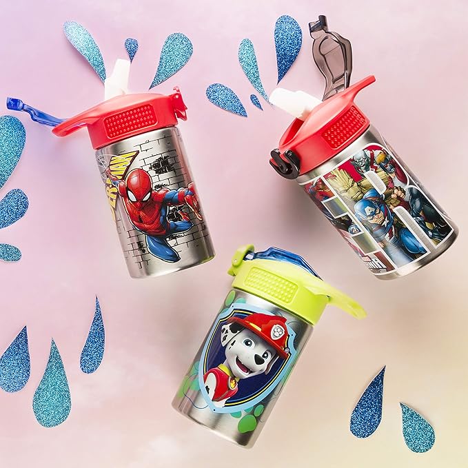 Zak Designs Stainless Steel One Hand Operation Lid and Built-in Carrying Loop Water Bottle with Straw Spout is Perfect for Kids (15.5 oz, BPA Free), 1 Count (Pack of 1), Marvel Comics Spider-Man