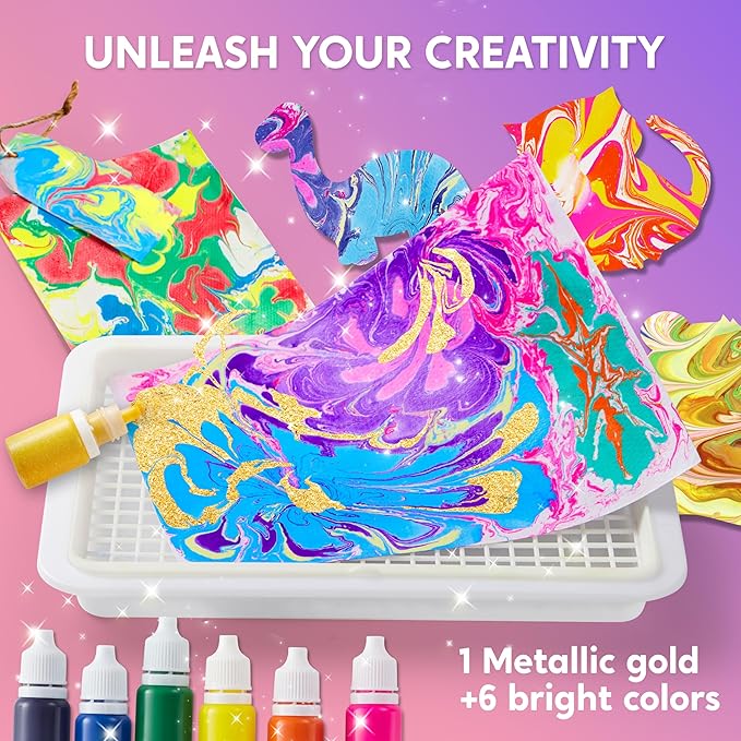 Klever Kits Marbling Paint for Kids, Metallic Gold Water Marble Paint Art, Arts and Crafts for Girls & Boys 6-12 Years Old, Craft Kits, Birthday Gifts Ideas Activities Toys
