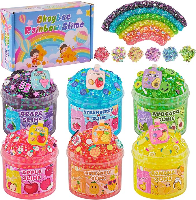 6 Pack Bingsu Crunchy Slime Kit, Rainbow Slime for Kids, with Cute Slime Charms & Add-ins, Slime Party Favors Sensory Toys, Holiday Birthday Easter Hallowmas Christmas Girls Gift & Boys Gift